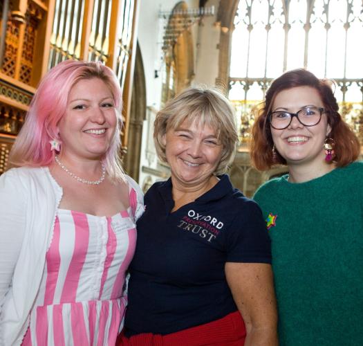 Debbie with visitors in Merton College Chapel