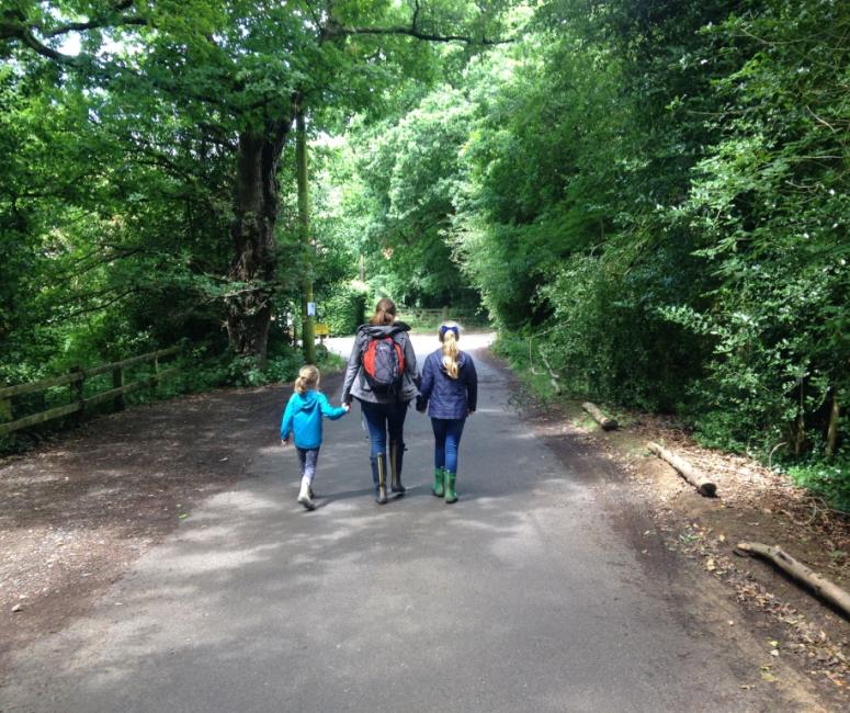 Family walking hand in hand in a green space