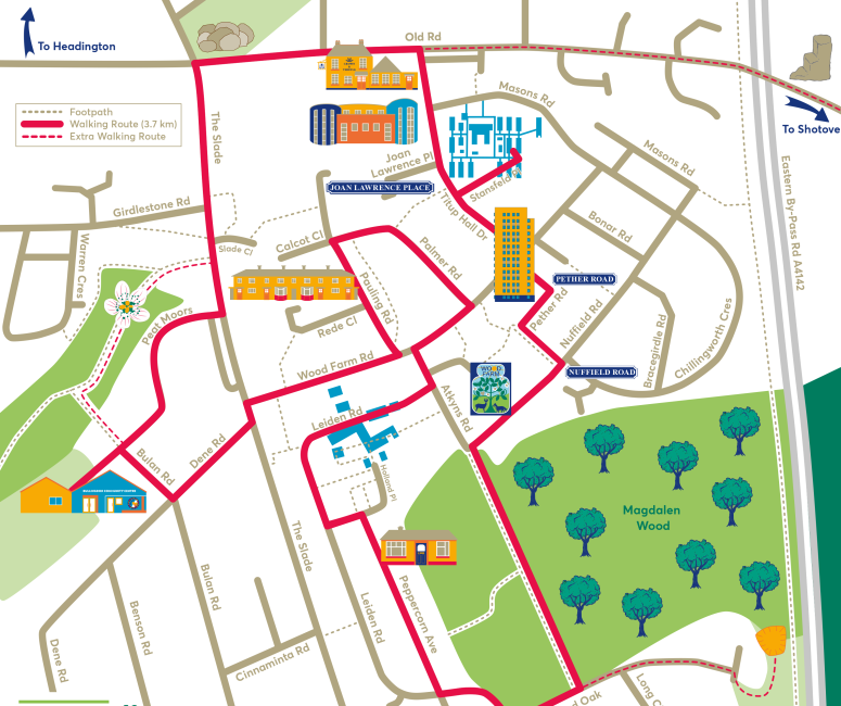 An illustrated map of Wood Farm with a red walking route and illustrated places of interest.