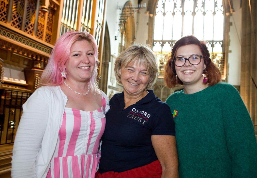 Debbie with visitors in Merton College Chapel